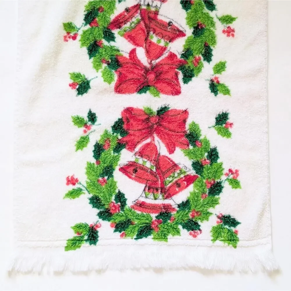Vintage Christmas Hand Towel with Bells and Holly